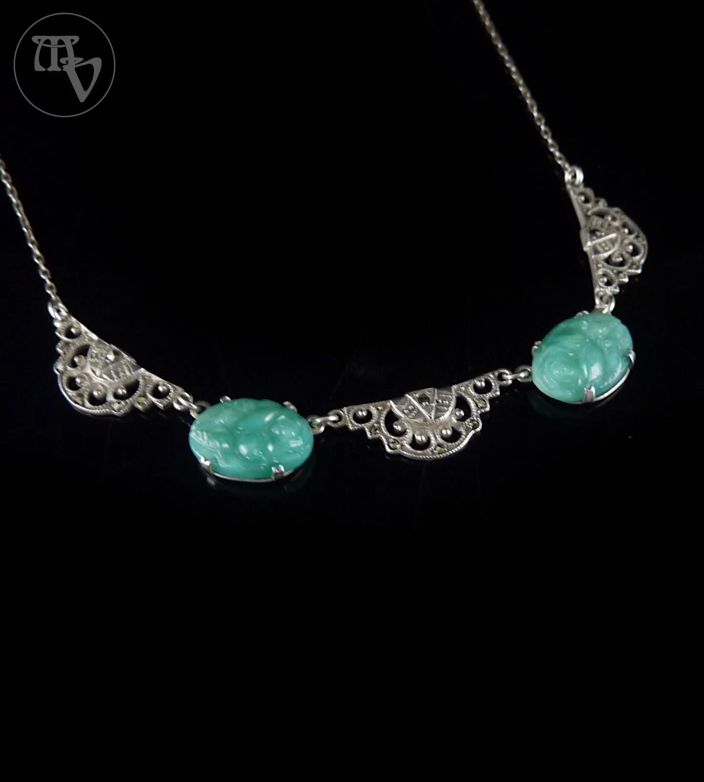 Antikes Collier - Art Déco um 1930 Rosen Halskette grüne Paste / Glasstein 935er Silber