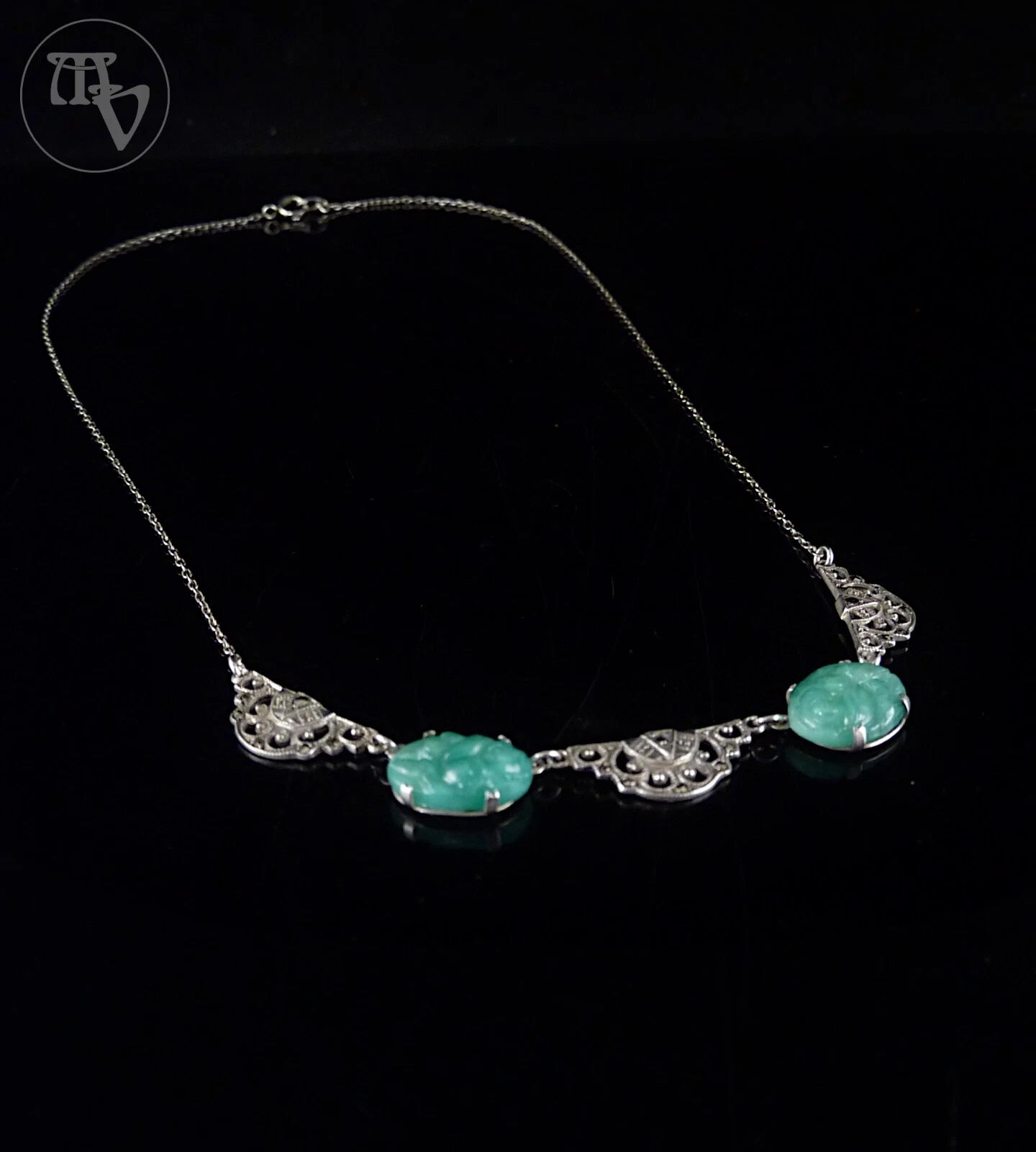 Antikes Collier - Art Déco um 1930 Rosen Halskette grüne Paste / Glasstein 935er Silber