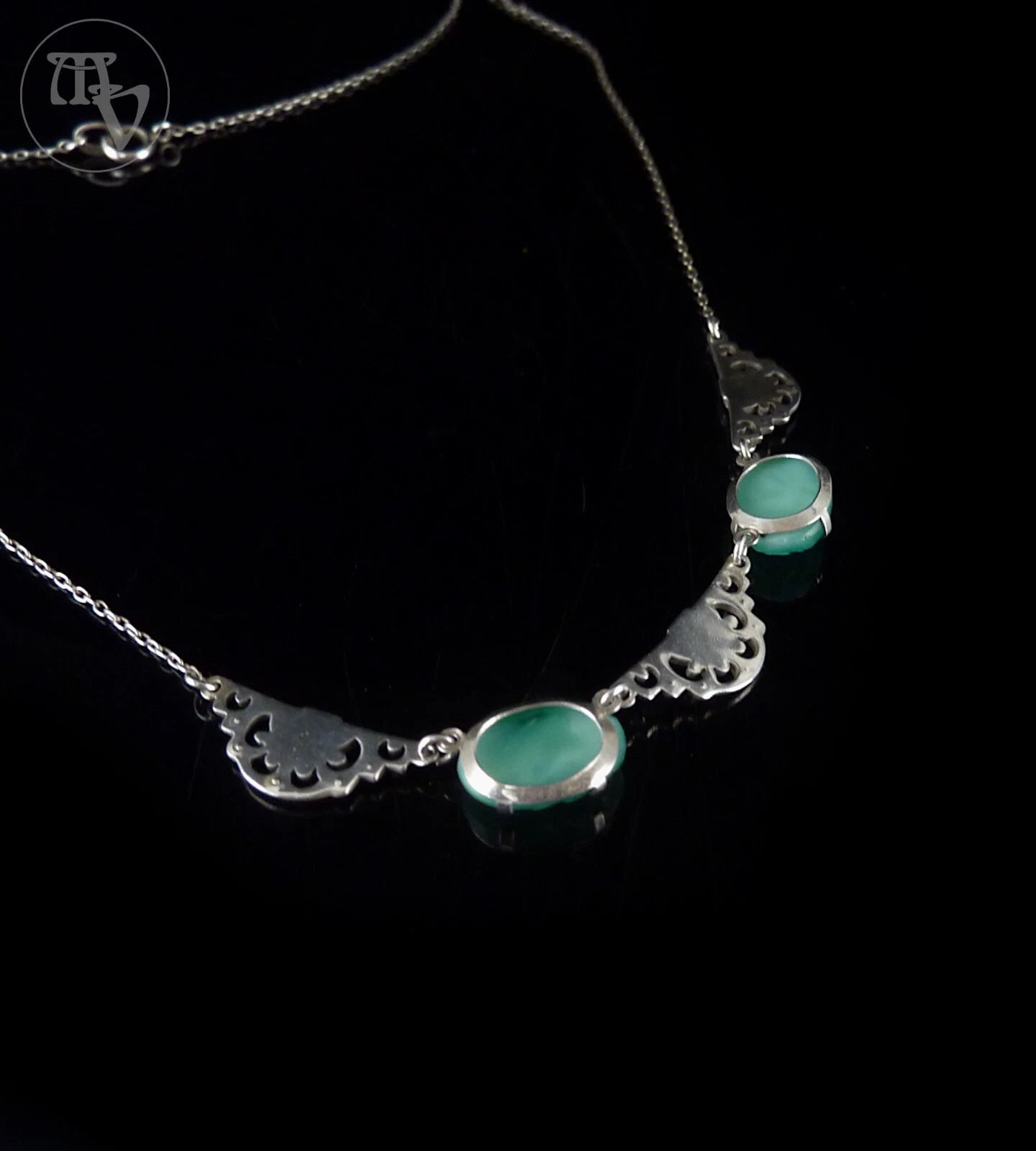 Antikes Collier - Art Déco um 1930 Rosen Halskette grüne Paste / Glasstein 935er Silber