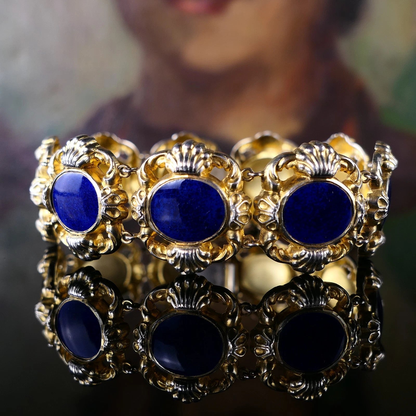 Vintage Armband - WMF Gliederarmband Blaues Emaille und 925 Silber Vergoldet - Alt Antiker Stil