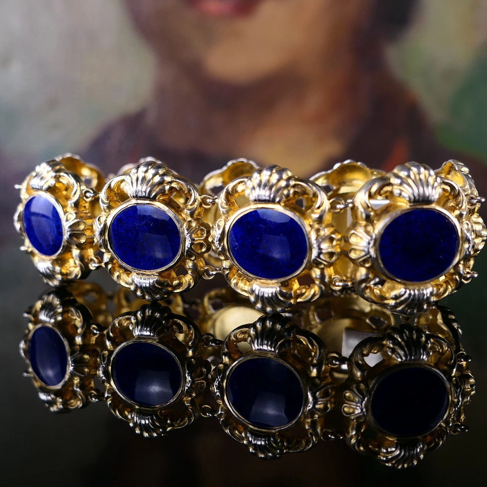 Vintage Armband - WMF Gliederarmband Blaues Emaille und 925 Silber Vergoldet - Alt Antiker Stil