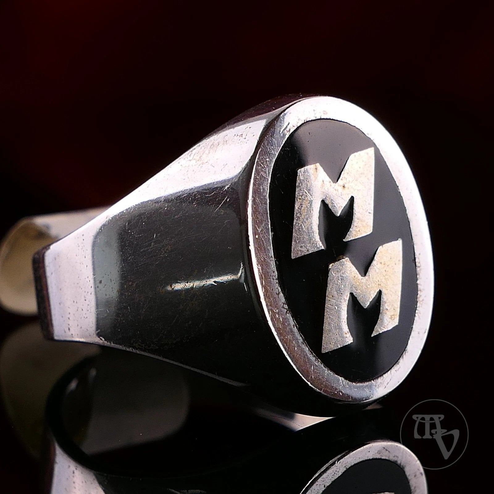 Vintage Monogrammring - Siegelring Initialen MM Silberring mind. 800 Silber RG 63 (20,0 mm Ø) Vintage aus Frankreich
