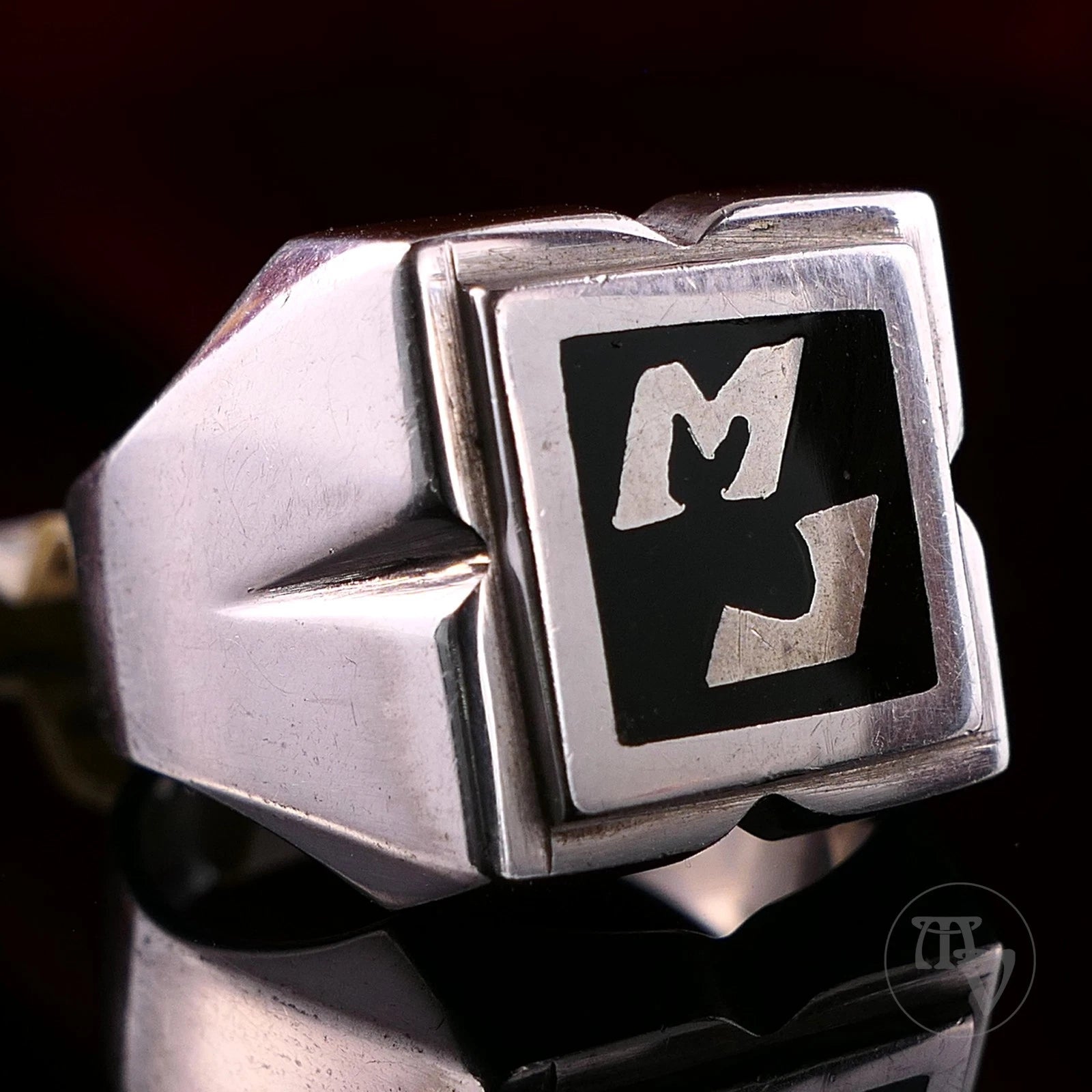 Vintage Monogrammring - Siegelring Initialen ML / MJ Silberring mind. 800 Silber RG 63 (20,0 mm Ø) Vintage aus Frankreich