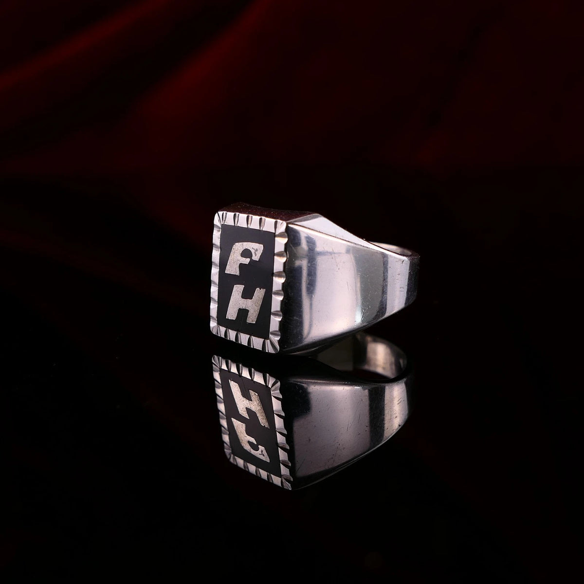Vintage Monogrammring - Siegelring Initialen FH / HF Silberring mind. 800 Silber RG 58 (18,4 mm Ø) Vintage aus Frankreich