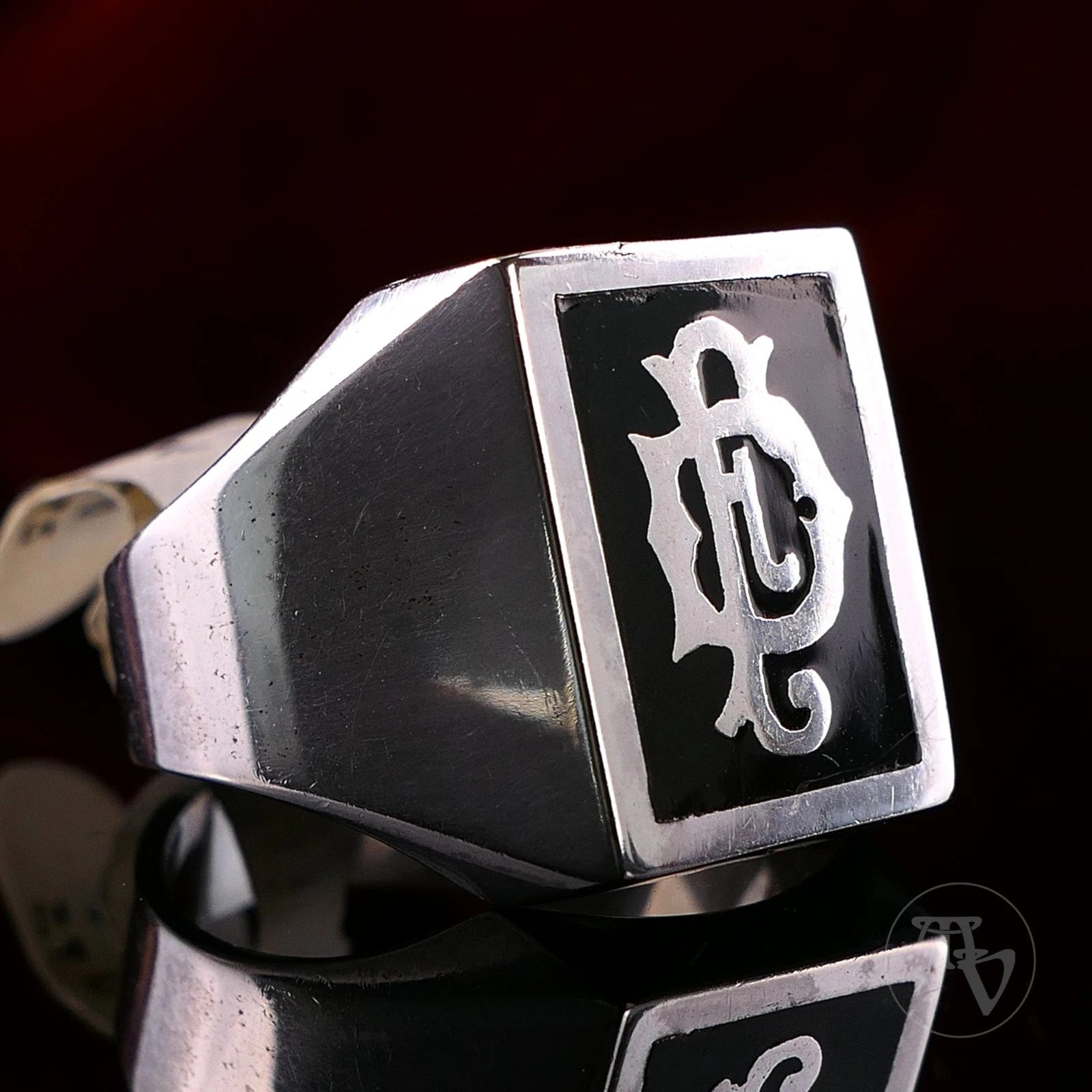 Vintage Monogrammring - Siegelring Initialen FD / DF Silberring mind. 800 Silber RG 66 (21,0 mm Ø) Vintage aus Frankreich