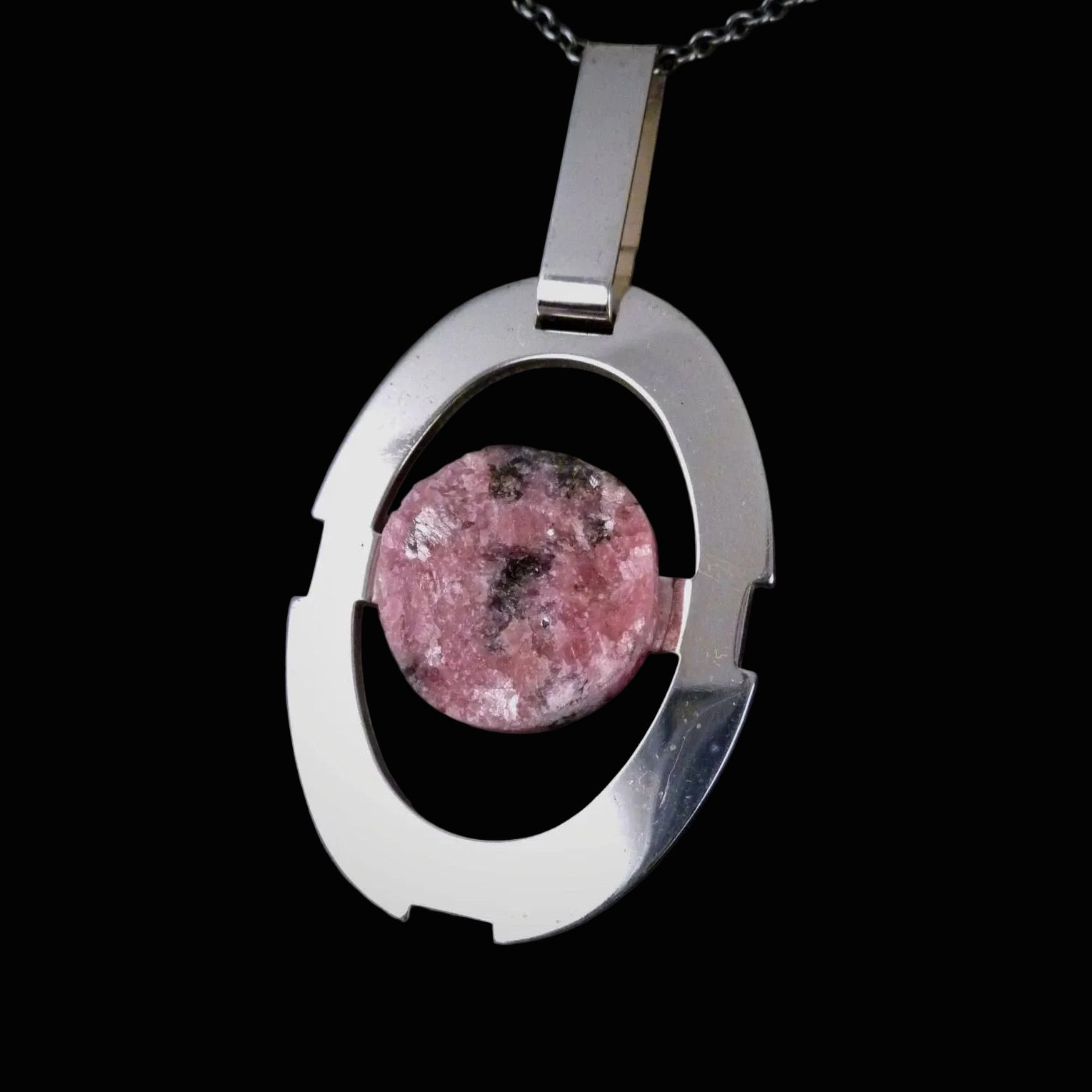 Vintage Statement Anhänger - Großer Design Schmuck um 1970 mit Rhodonit aus 925 Silber