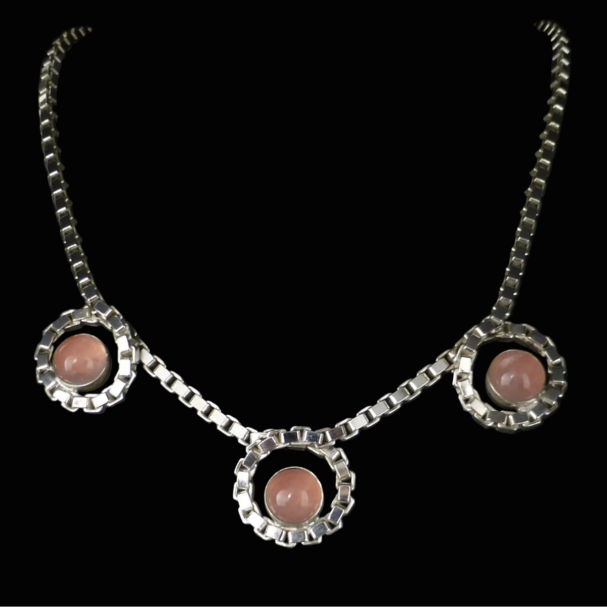 Vintage Statement Silberkette - Massive Venezianerkette mit Rosenquarz Cabochons Länge 41cm 27,0g