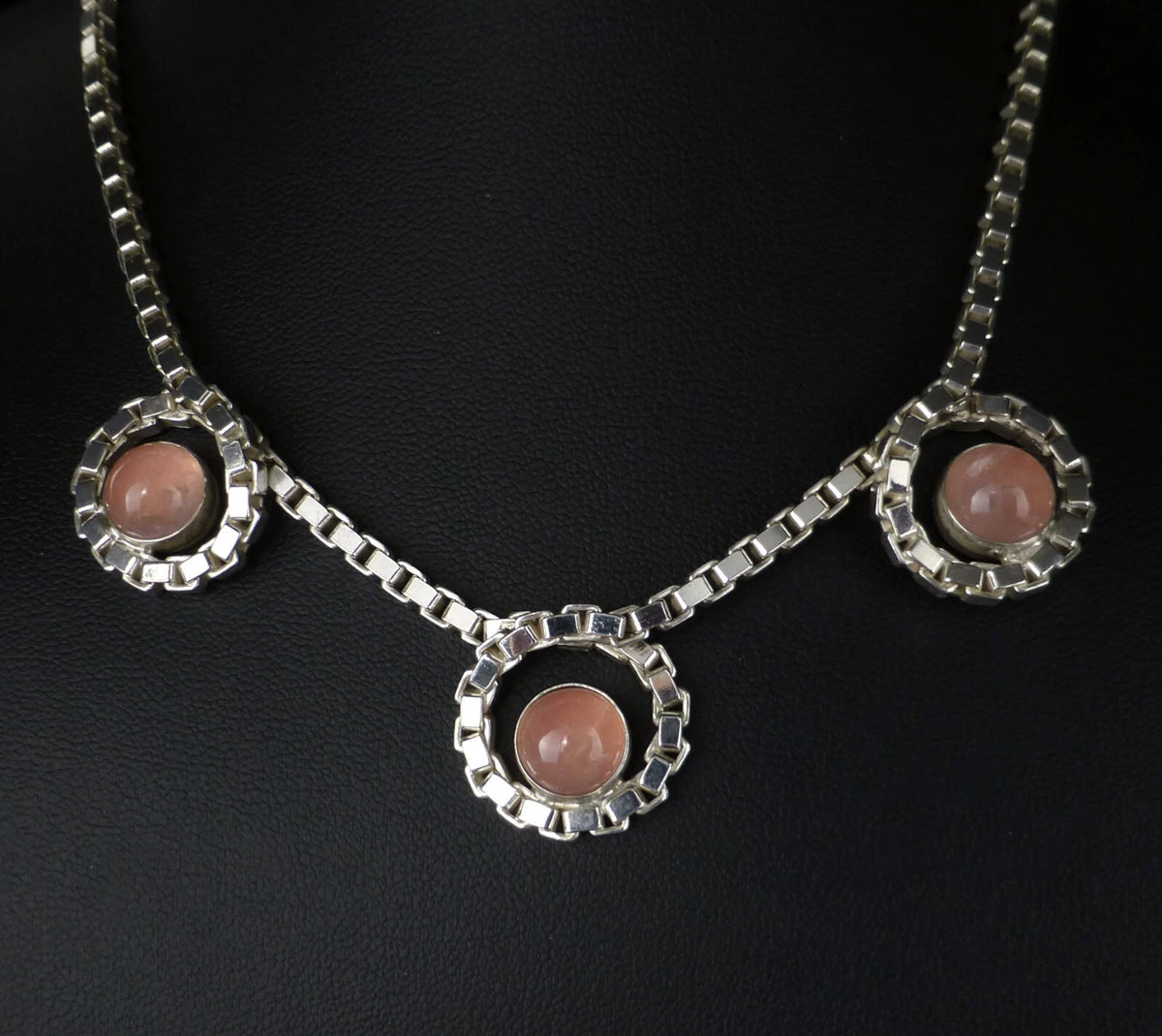 Vintage Statement Silberkette - Massive Venezianerkette mit Rosenquarz Cabochons Länge 41cm 27,0g