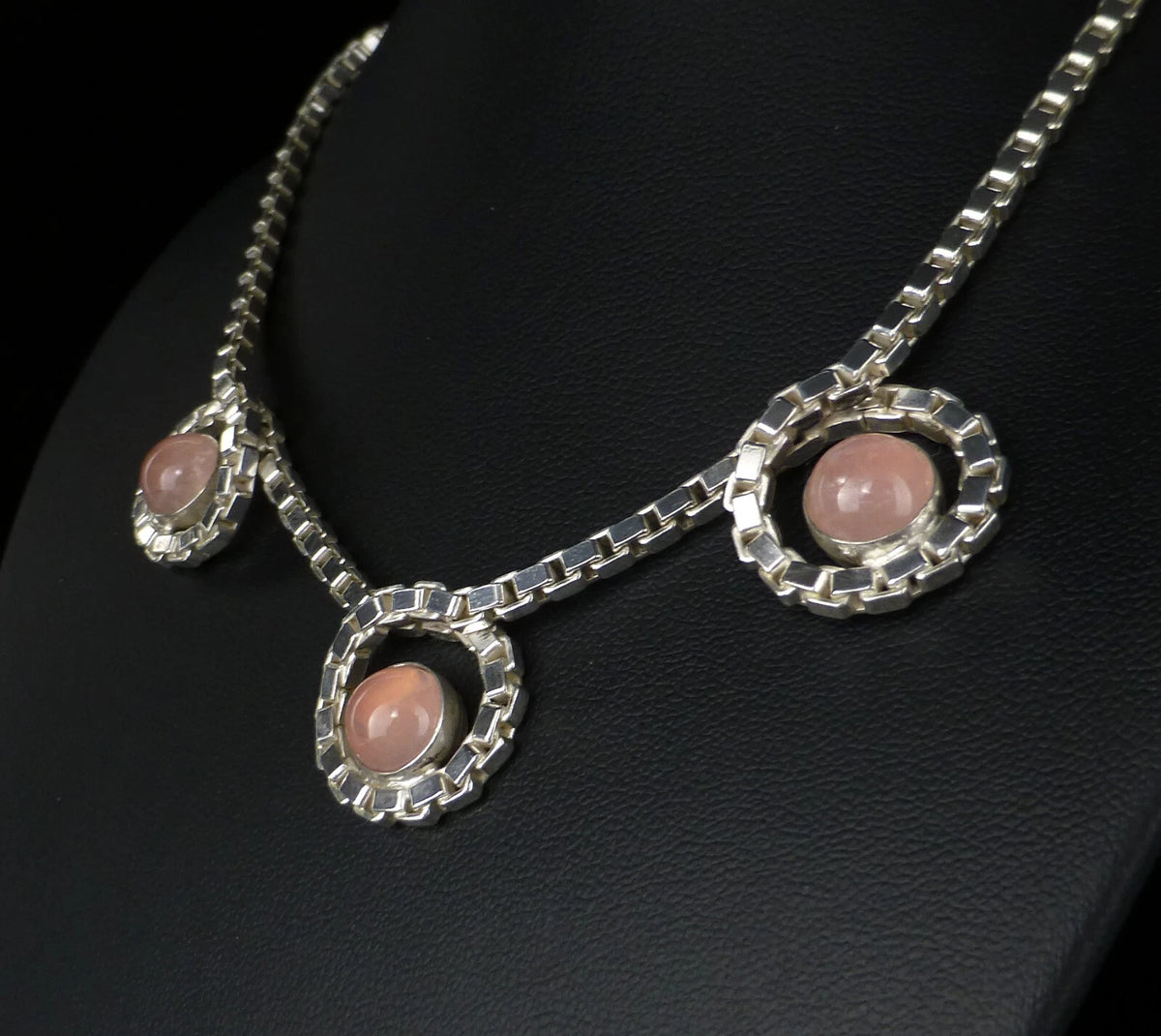 Vintage Statement Silberkette - Massive Venezianerkette mit Rosenquarz Cabochons Länge 41cm 27,0g