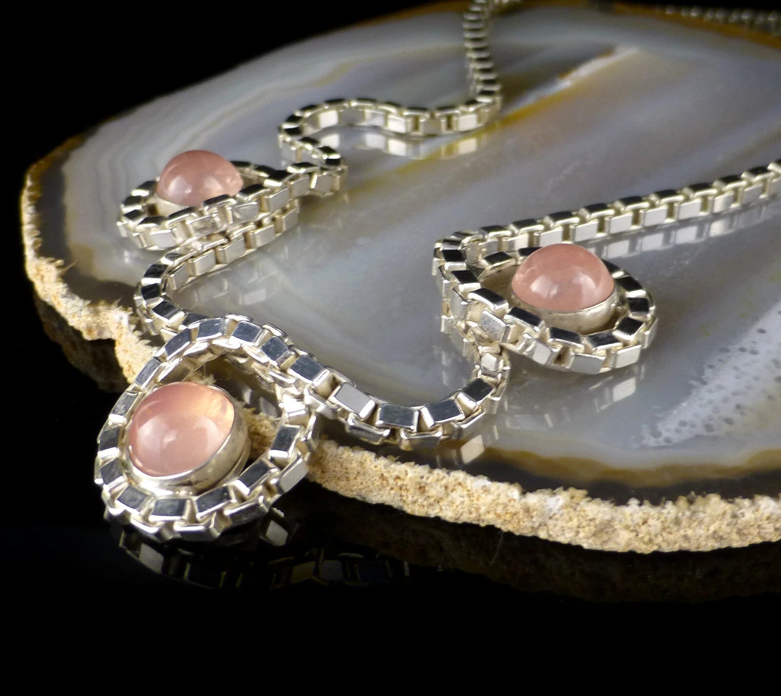 Vintage Statement Silberkette - Massive Venezianerkette mit Rosenquarz Cabochons Länge 41cm 27,0g