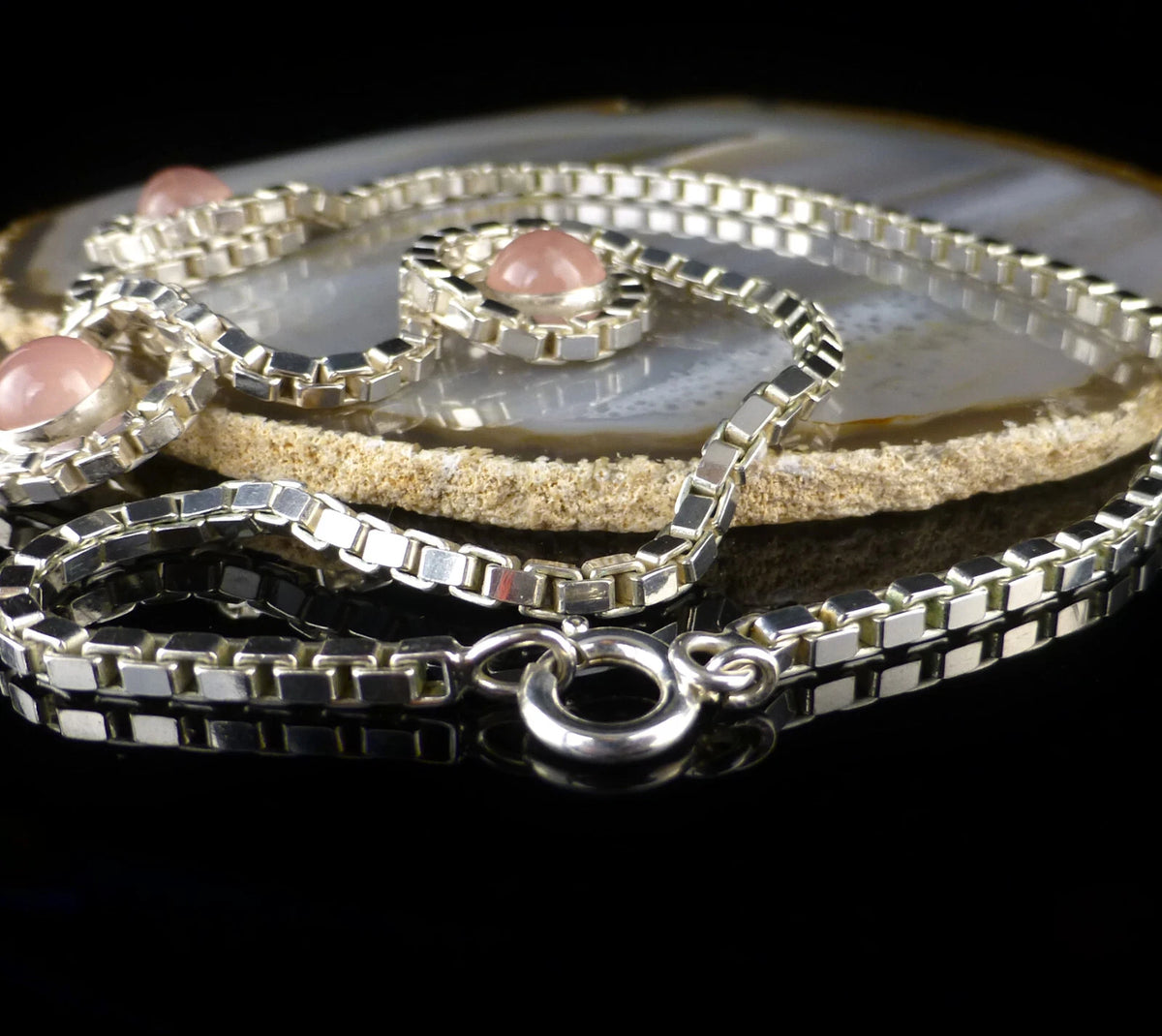 Vintage Statement Silberkette - Massive Venezianerkette mit Rosenquarz Cabochons Länge 41cm 27,0g