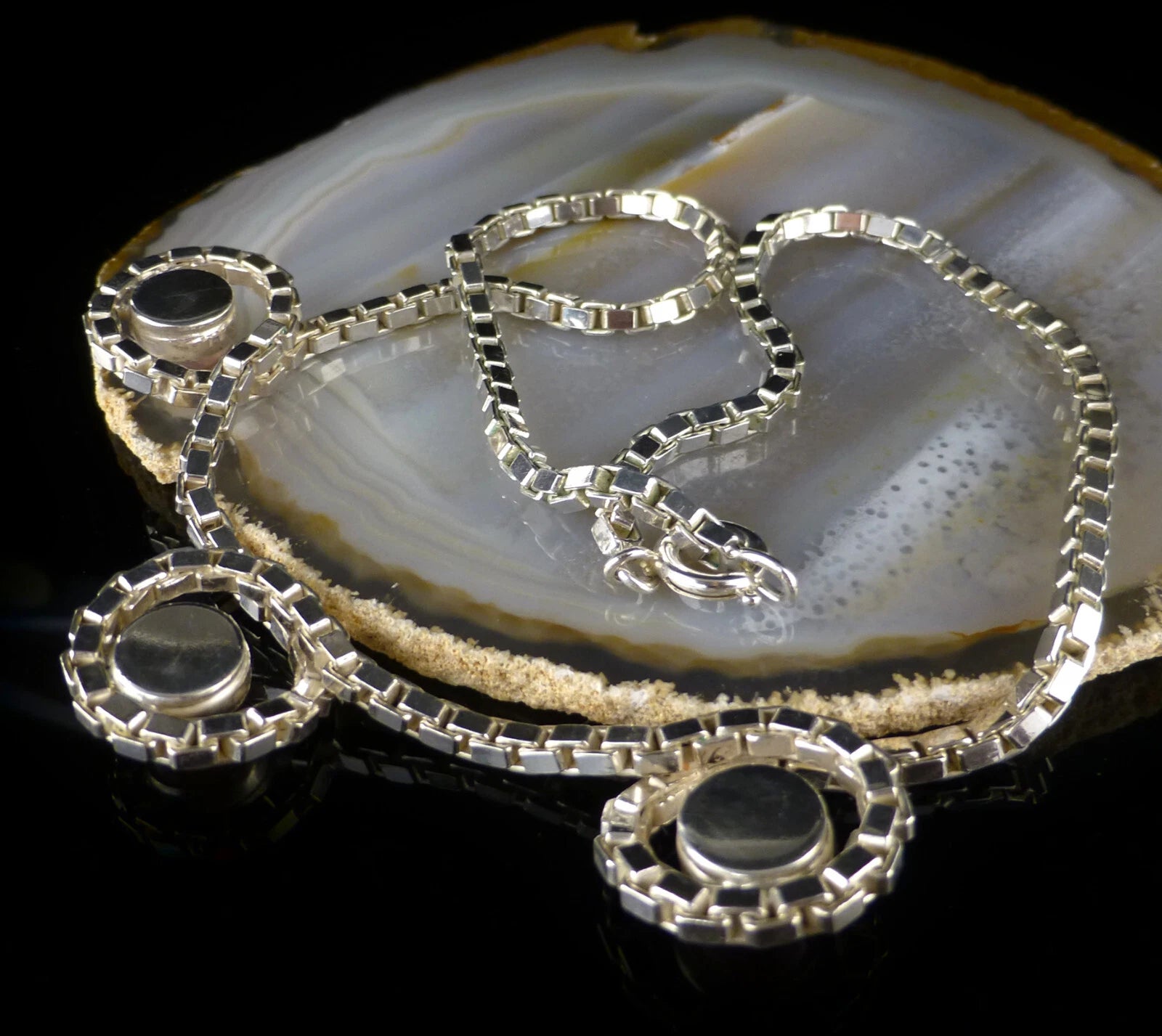 Vintage Statement Silberkette - Massive Venezianerkette mit Rosenquarz Cabochons Länge 41cm 27,0g