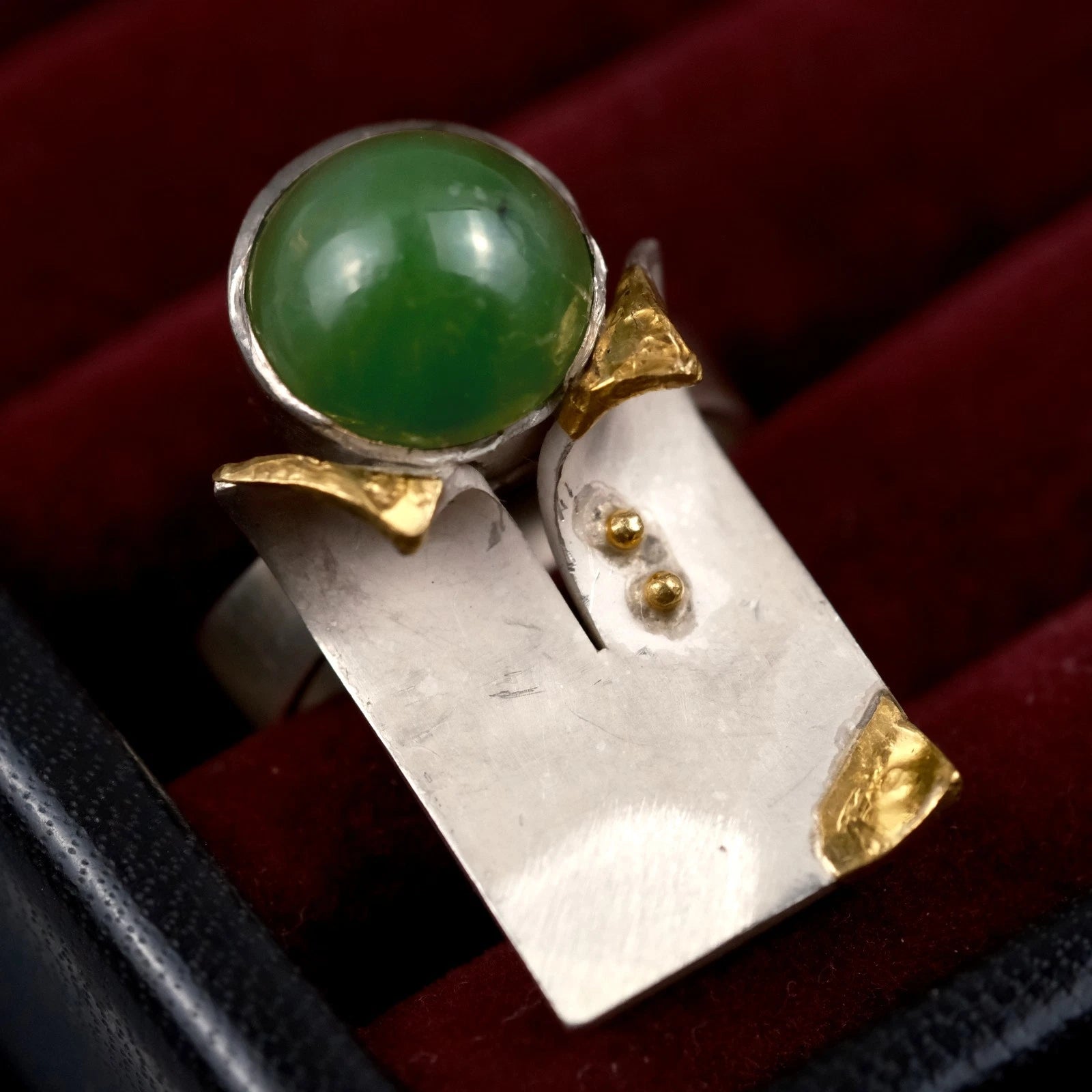 Vintage - Handarbeits Designer Ring Jade / Nephrit aus 900 Silber & Gold RG 58 (Ø 18,4mm) - Vintage Alt
