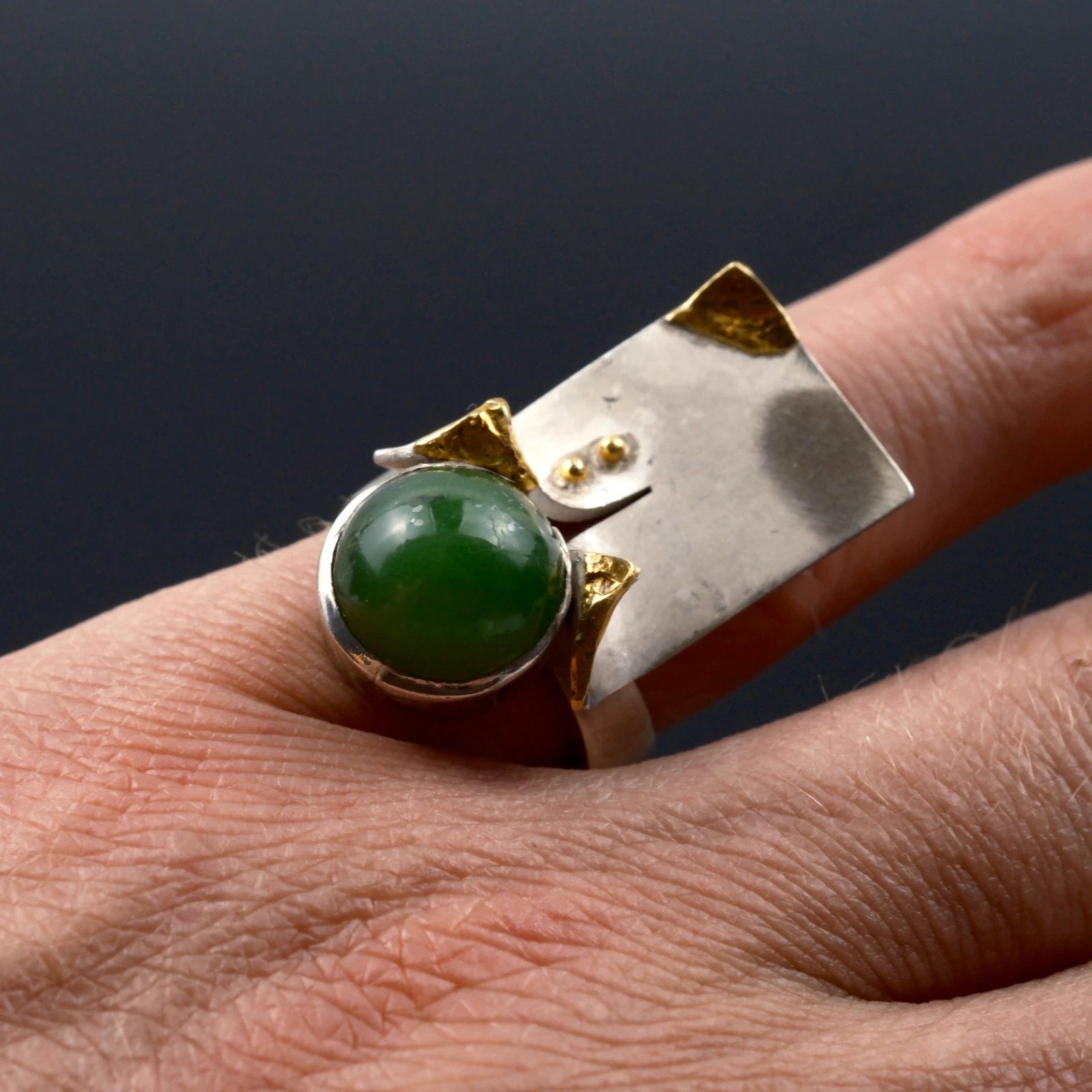 Vintage - Handarbeits Designer Ring Jade / Nephrit aus 900 Silber & Gold RG 58 (Ø 18,4mm) - Vintage Alt