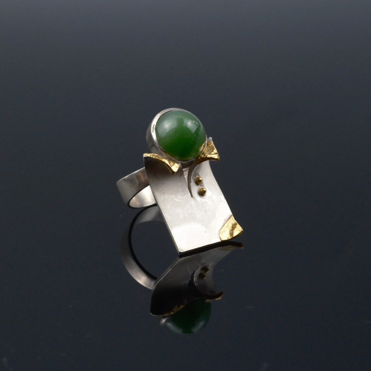 Vintage - Handarbeits Designer Ring Jade / Nephrit aus 900 Silber & Gold RG 58 (Ø 18,4mm) - Vintage Alt