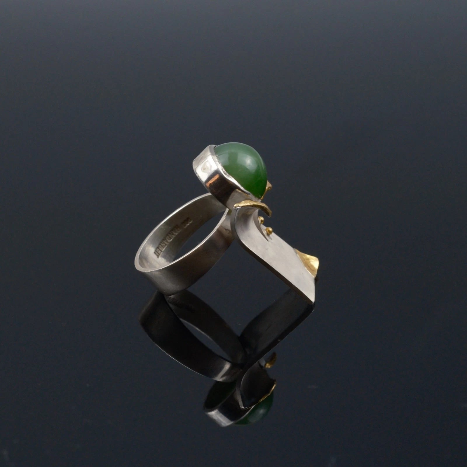 Vintage - Handarbeits Designer Ring Jade / Nephrit aus 900 Silber & Gold RG 58 (Ø 18,4mm) - Vintage Alt