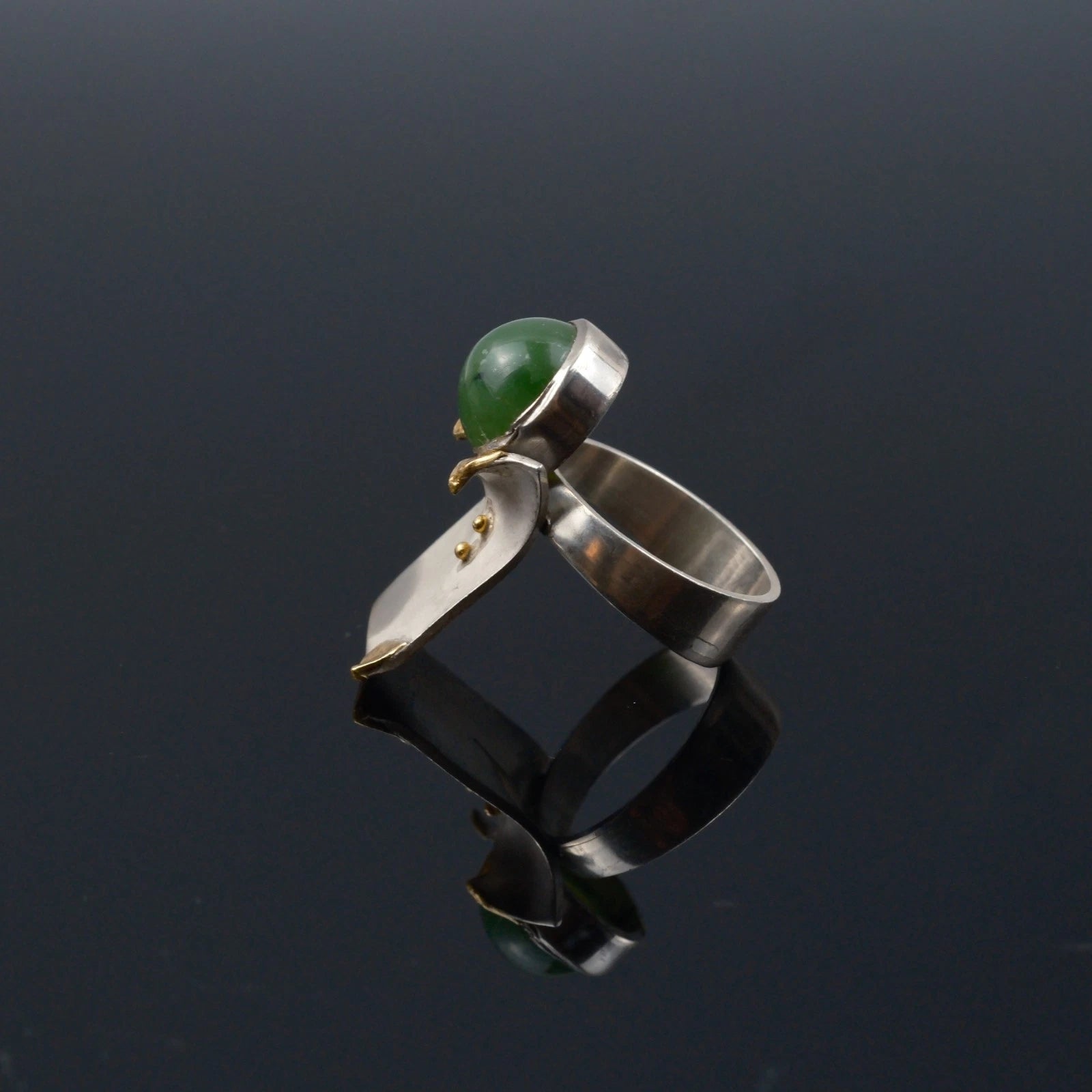 Vintage - Handarbeits Designer Ring Jade / Nephrit aus 900 Silber & Gold RG 58 (Ø 18,4mm) - Vintage Alt