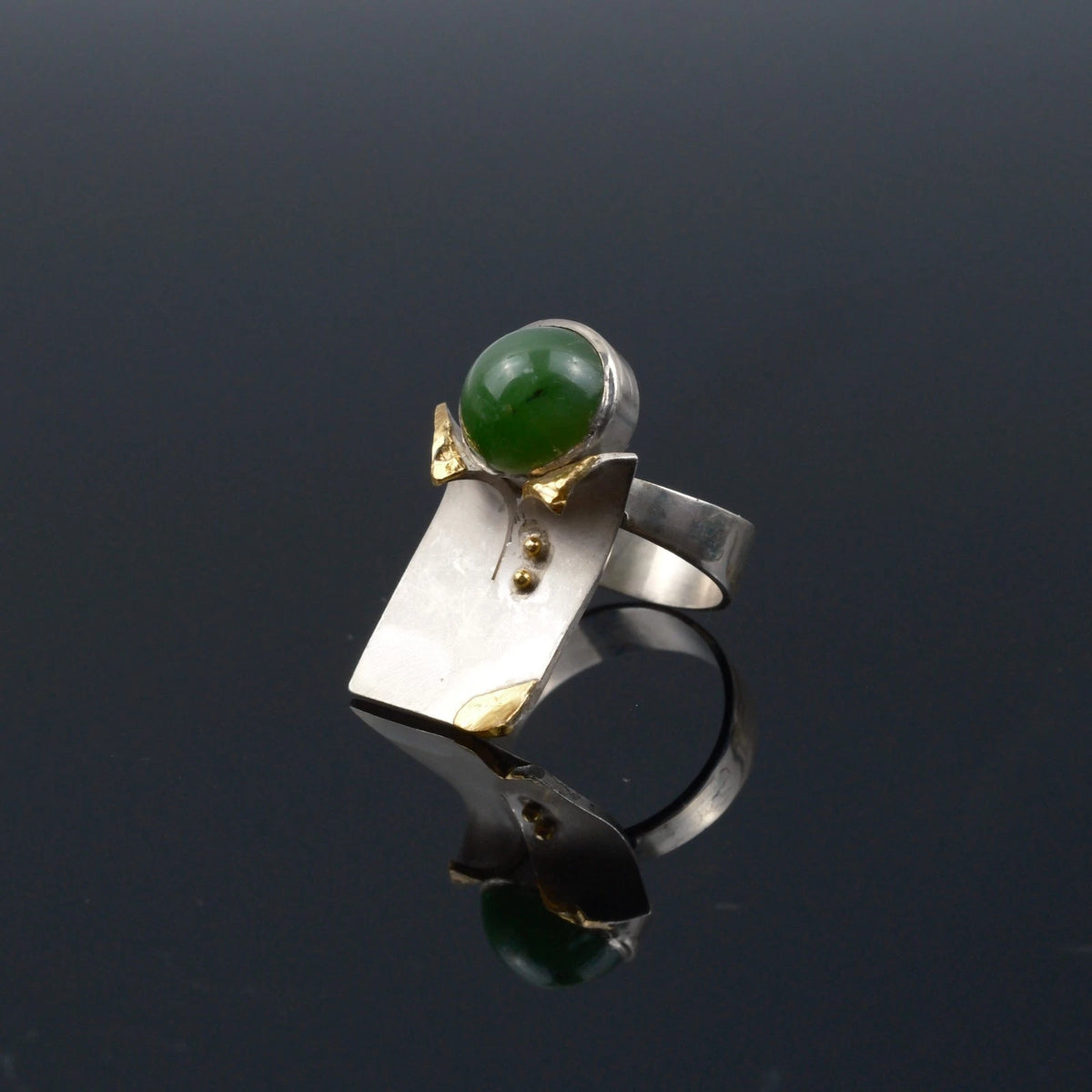 Vintage - Handarbeits Designer Ring Jade / Nephrit aus 900 Silber & Gold RG 58 (Ø 18,4mm) - Vintage Alt