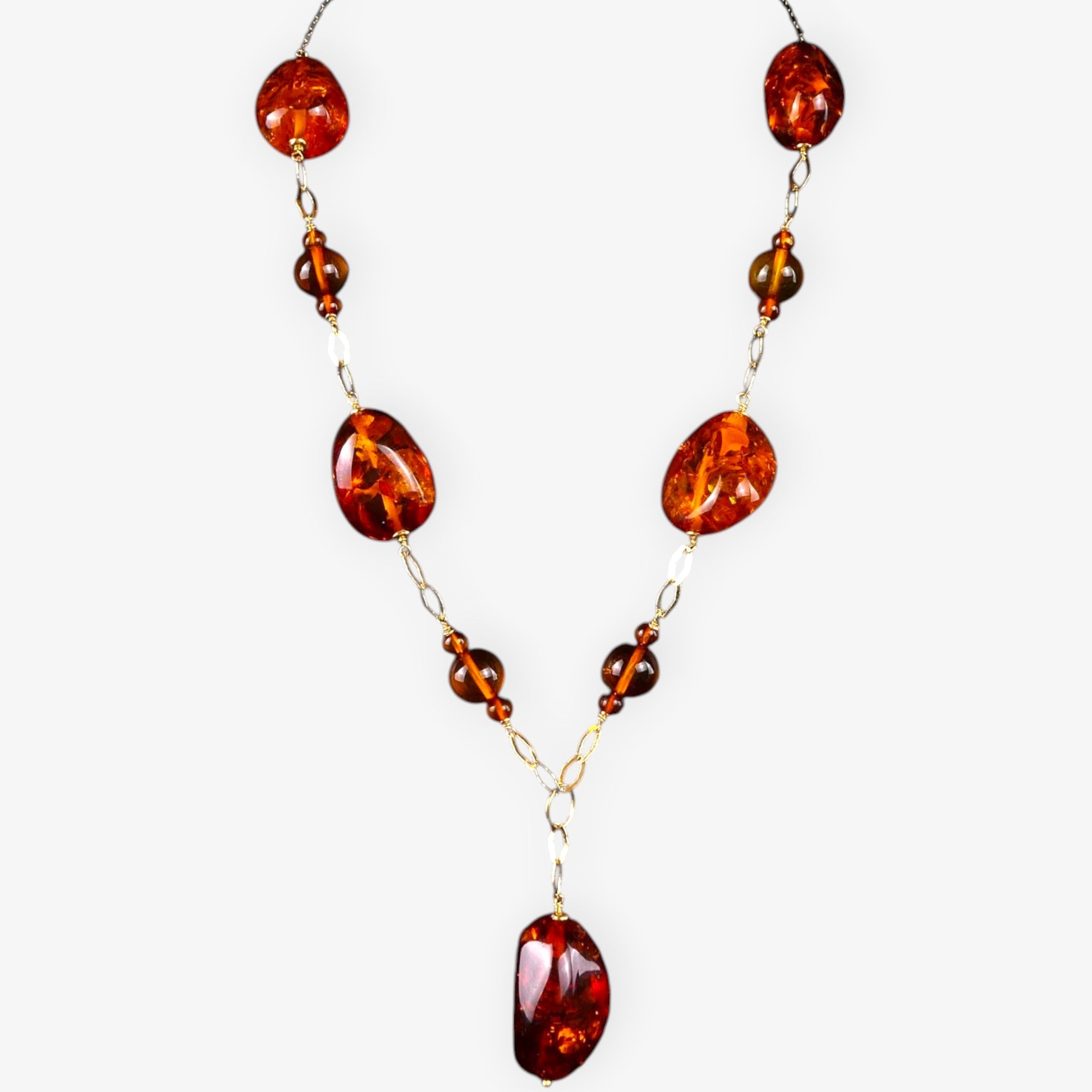 Bernstein Halskette - Hochkarätiges Collier aus 18kt / 750er Gelbgold Länge 47cm - 20,7g