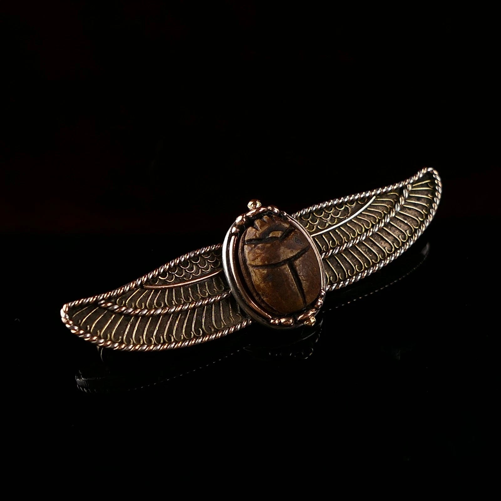 Antike Viktorianische Skarabäus Flügelbrosche aus Silber & Gold ~1880/1900
