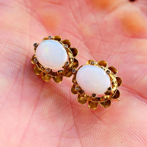 Antike Brosche Jugendstil um 1900 / 1920 - Opale und kleine Altschliff Diamanten aus 18kt 750er Gelbgold
